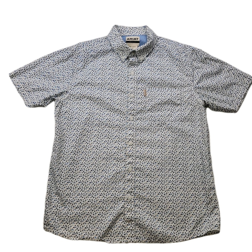 Ariat Button Down Short Sleeve Shirt White Blue Floral Escape Modern Fit Men's M